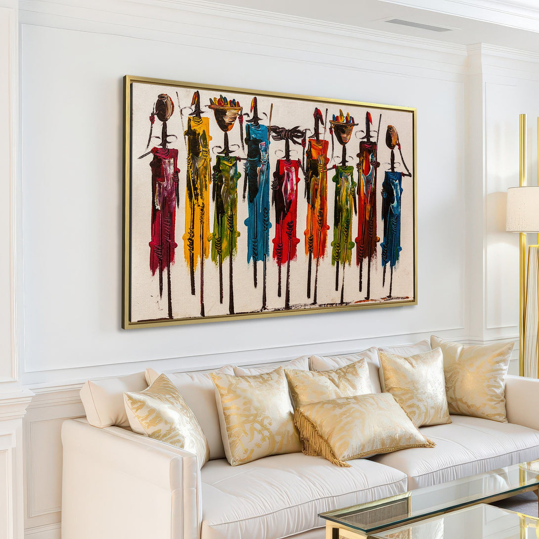 Canvas Print of vibrant tribal figures in a modern living room. Bold, colorful artwork with a warm, inviting palette.