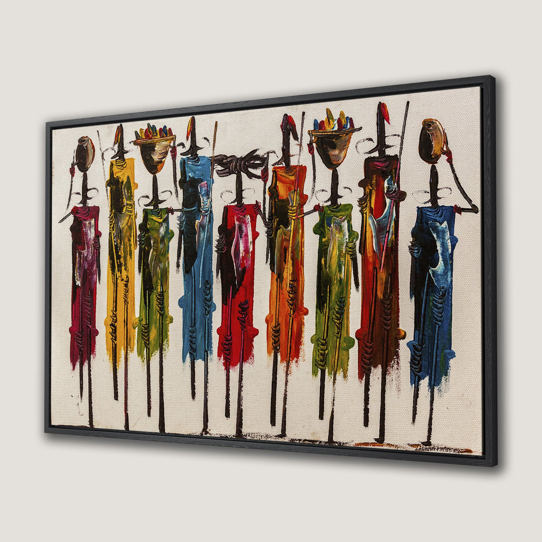 Framed Wall Art: Abstract painting of colorful African figures in a vibrant, textured style. Adds a bold pop of color to any space.