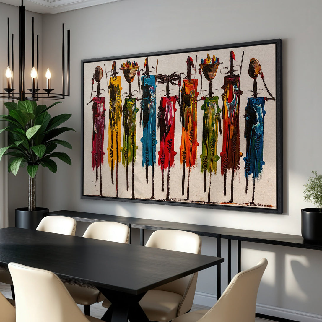 Framed Wall Art: Abstract figures in vibrant colors. Modern canvas print adds a pop of color to any dining room. Shop now for unique wall decor!