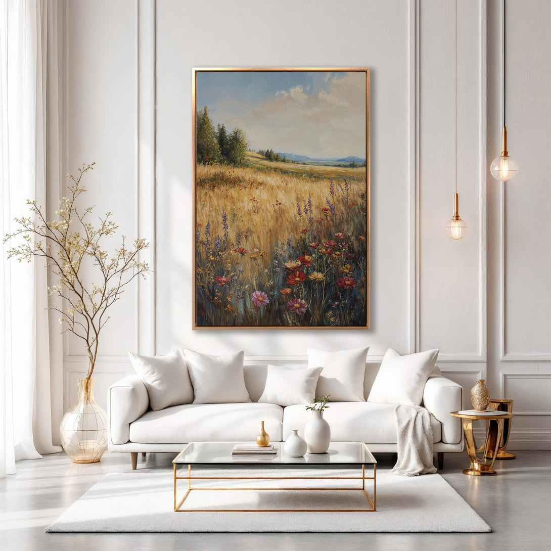 Framed Wall Art: Impressionist landscape canvas print with a warm, inviting color palette of gold, blue, and floral hues, perfect for any interior.