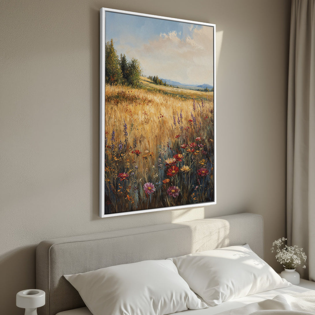 Framed Wall Art: Landscape painting with a field of wildflowers in warm, earthy tones. Adds a touch of nature and serenity to any space.