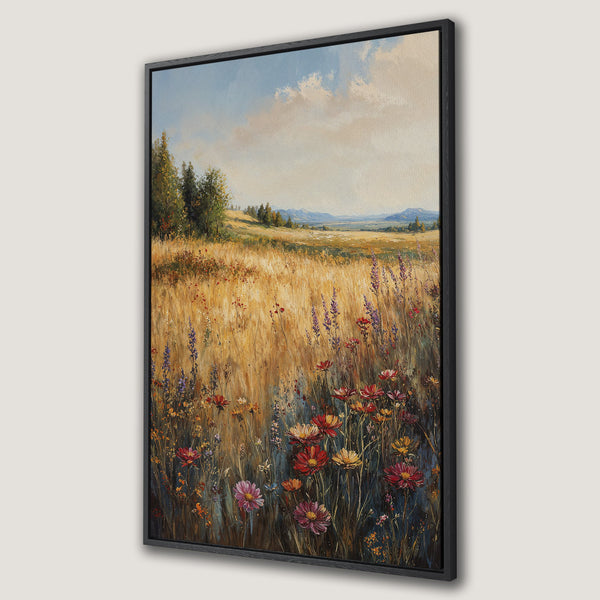 Framed Wall Art: Landscape painting of a field of wildflowers. Warm, earthy tones with pops of red, purple, and yellow. Perfect for adding a touch of nature.