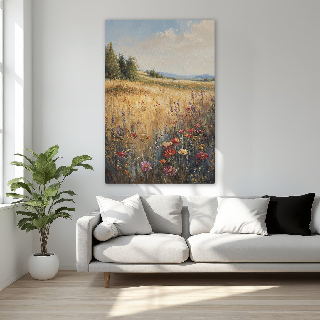 Framed Wall Art: Landscape painting with warm gold, red, and blue tones. Impressionistic style canvas print adds elegance to any interior.