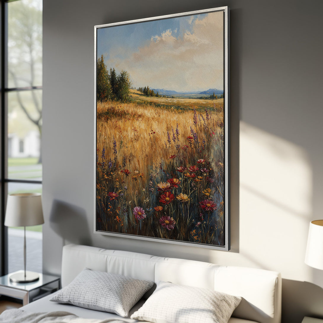 Framed Wall Art: Landscape painting with wildflowers, warm golden hues, and a touch of blue. Bring nature's beauty indoors with this stunning canvas print!