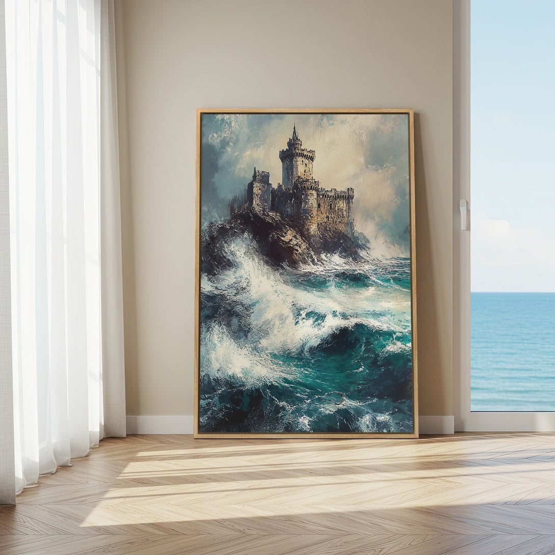 Framed Wall Art: Dramatic castle painting in teal and beige tones. Coastal art for a serene interior. Enhance your home decor with this canvas print.