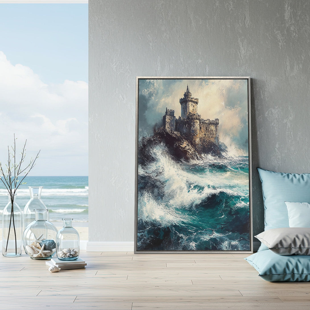 Framed Wall Art featuring a dramatic castle on a rocky shore. Coastal-inspired artwork in teal, gray, and beige tones. Elevate your space with this stunning canvas print!