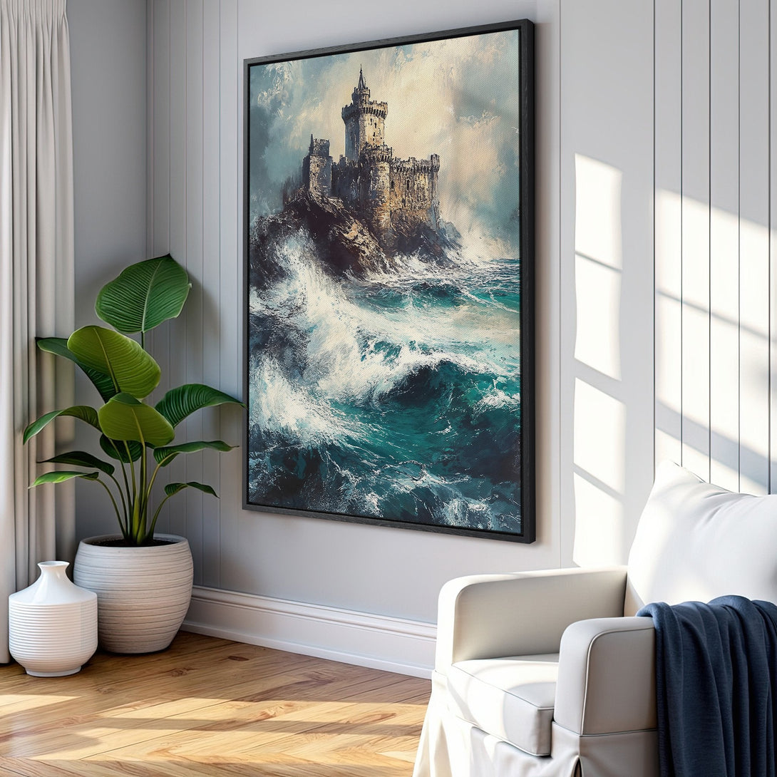 Framed Wall Art: Dramatic castle painting with teal ocean waves. Coastal style canvas print with cool blue and beige tones, perfect for home decor.