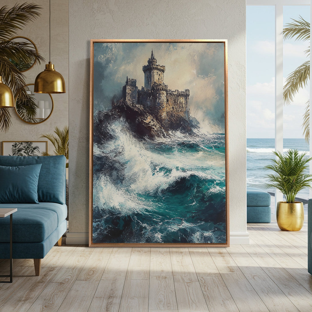 Framed Wall Art: Dramatic castle painting with teal and gold color palette. Coastal artwork adds elegance to any space. Shop now!