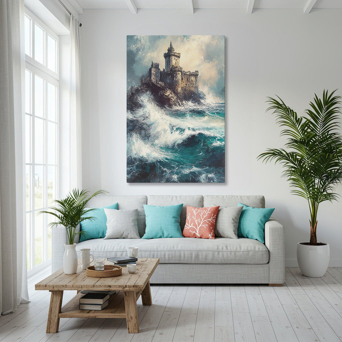 Framed Wall Art: Coastal castle scene in teal and gold tones. Elegant living room decor with a canvas print, perfect for adding a touch of luxury.