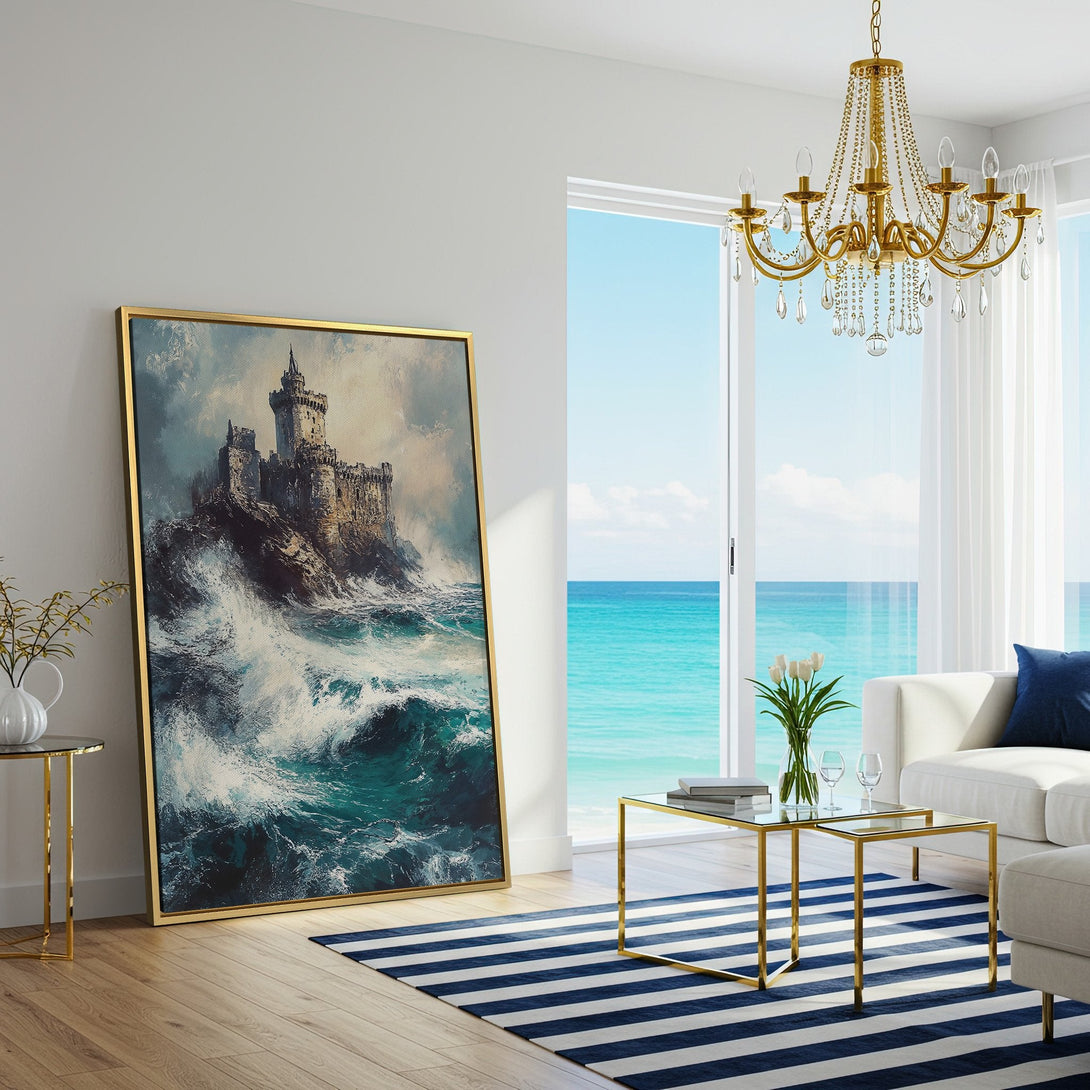 Canvas Print of a dramatic castle painting in a coastal scene. Features a blue and teal color palette, perfect for adding a touch of elegance.