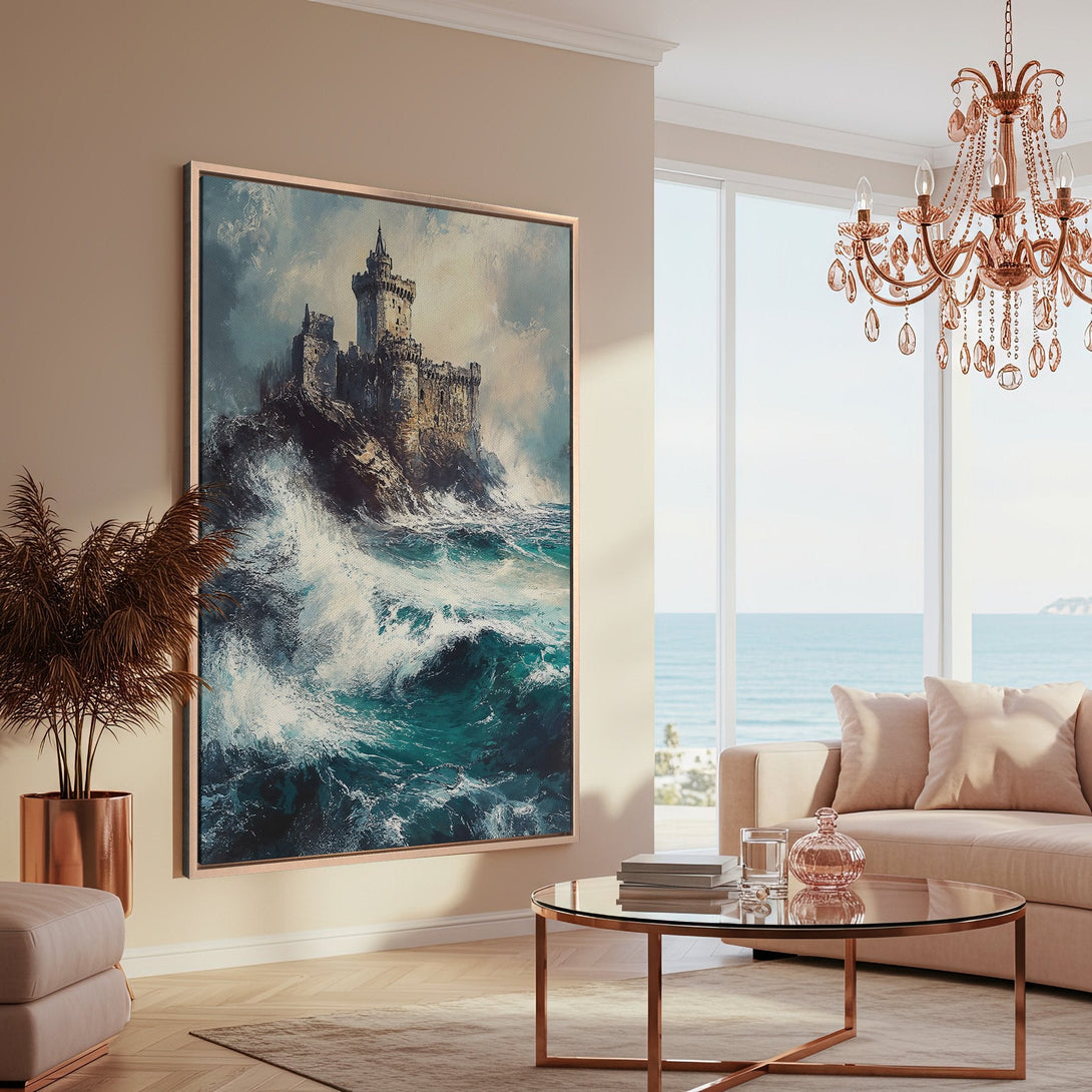 Framed Wall Art: Dramatic castle painting in a coastal interior. Features a teal and gray color palette, adding elegance to any space. Elevate your decor today!