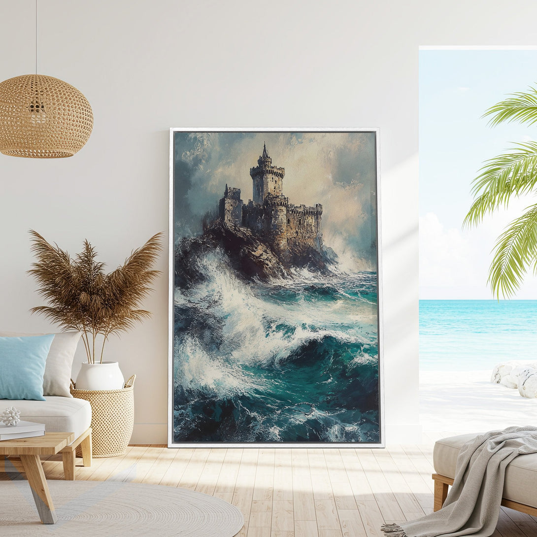 Framed Wall Art: Dramatic castle painting in teal and gray tones. Coastal style canvas print adds a touch of elegance to any space. Shop now!