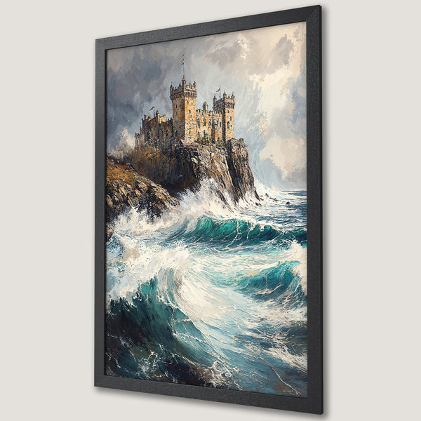 Framed Poster featuring a castle on a cliff, dramatic seascape art in blues, greens, and earth tones. Perfect wall decor!