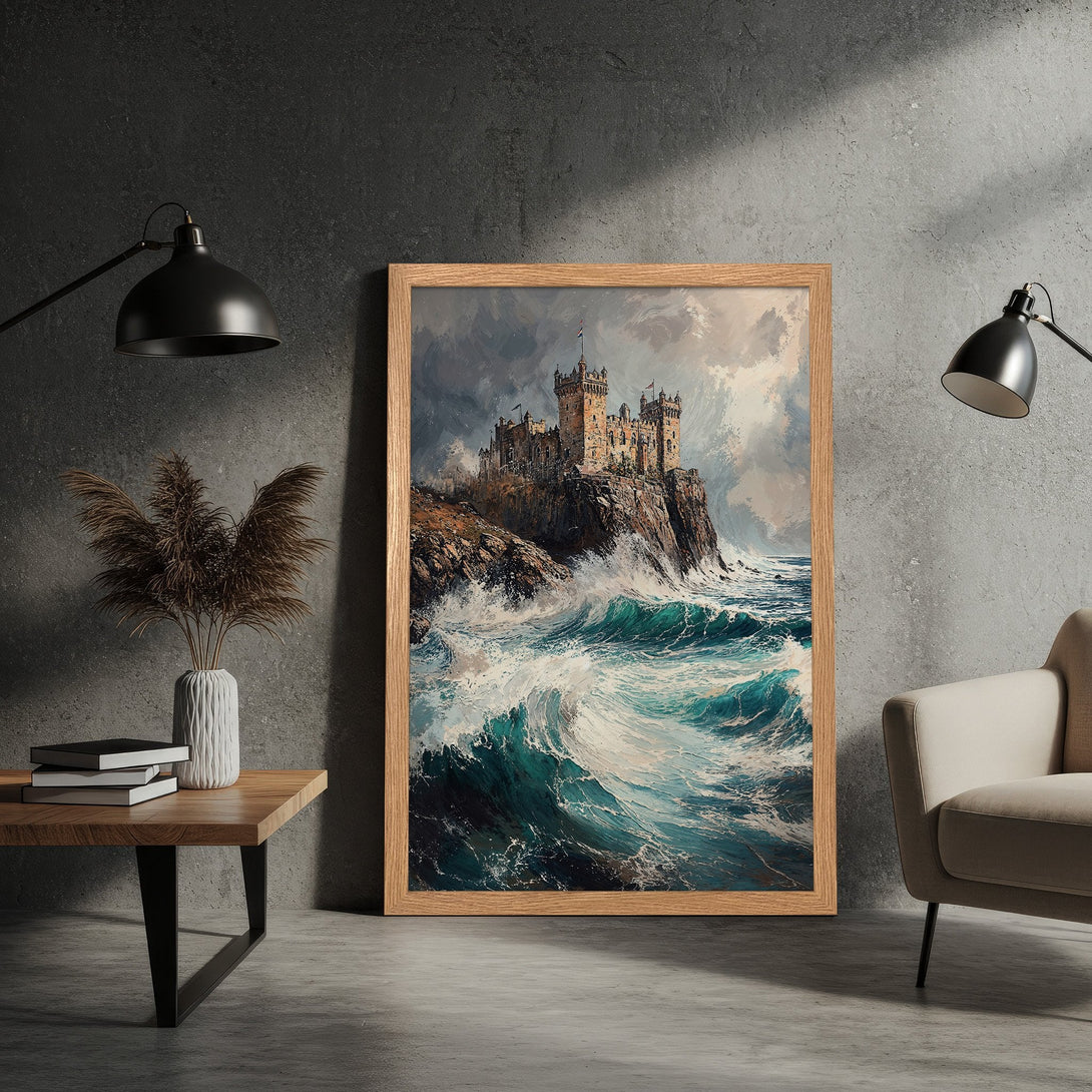 Framed Poster of a castle on a cliff, dramatic seascape art in teal & beige tones. Perfect wall decor for your home!