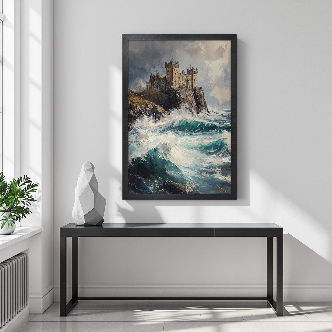 Framed Poster of a castle on a cliff, showcasing a dramatic seascape with teal and grey hues. Perfect wall art for a coastal vibe.