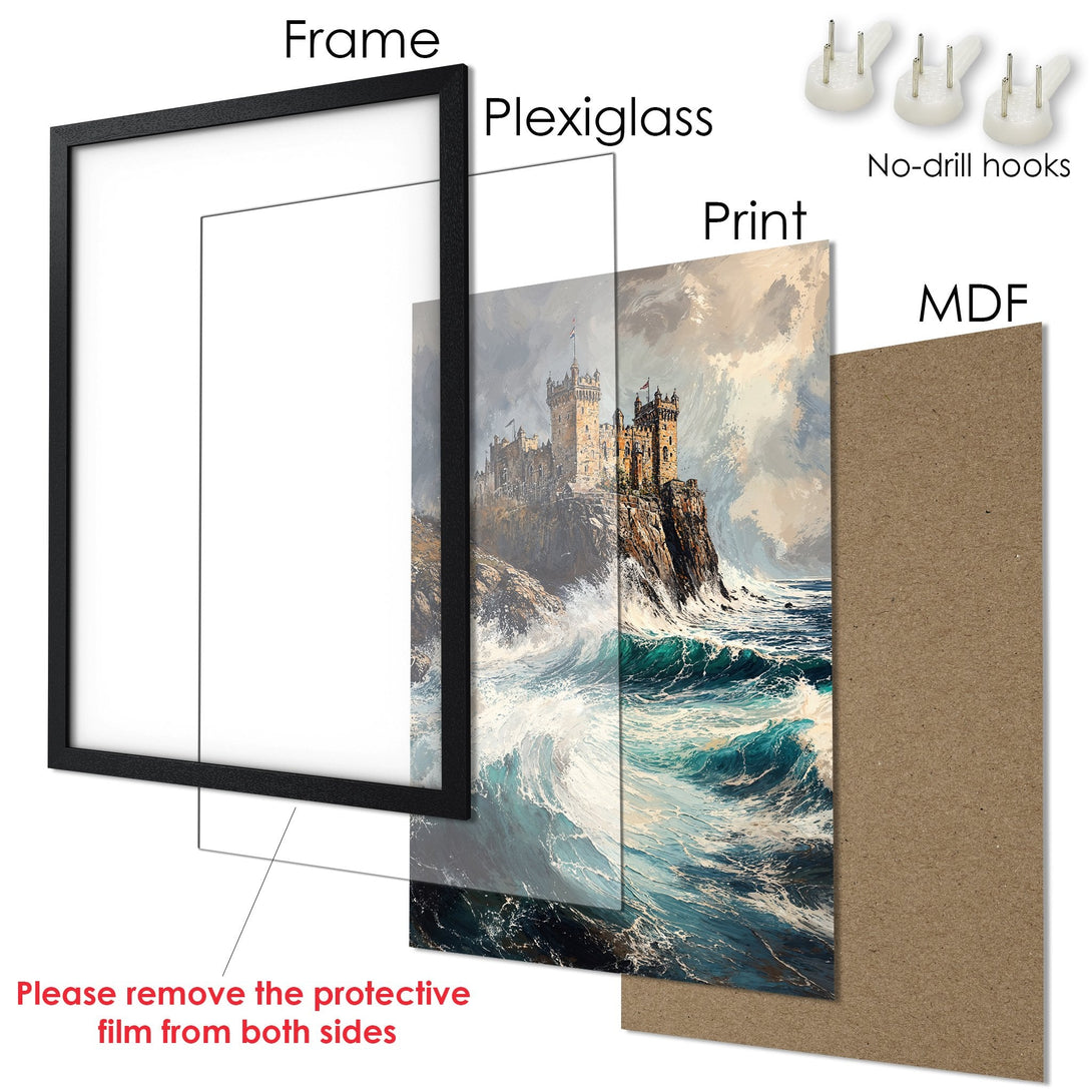 Framed Poster featuring a dramatic castle painting with a blue and beige color palette. Perfect wall art for any room!