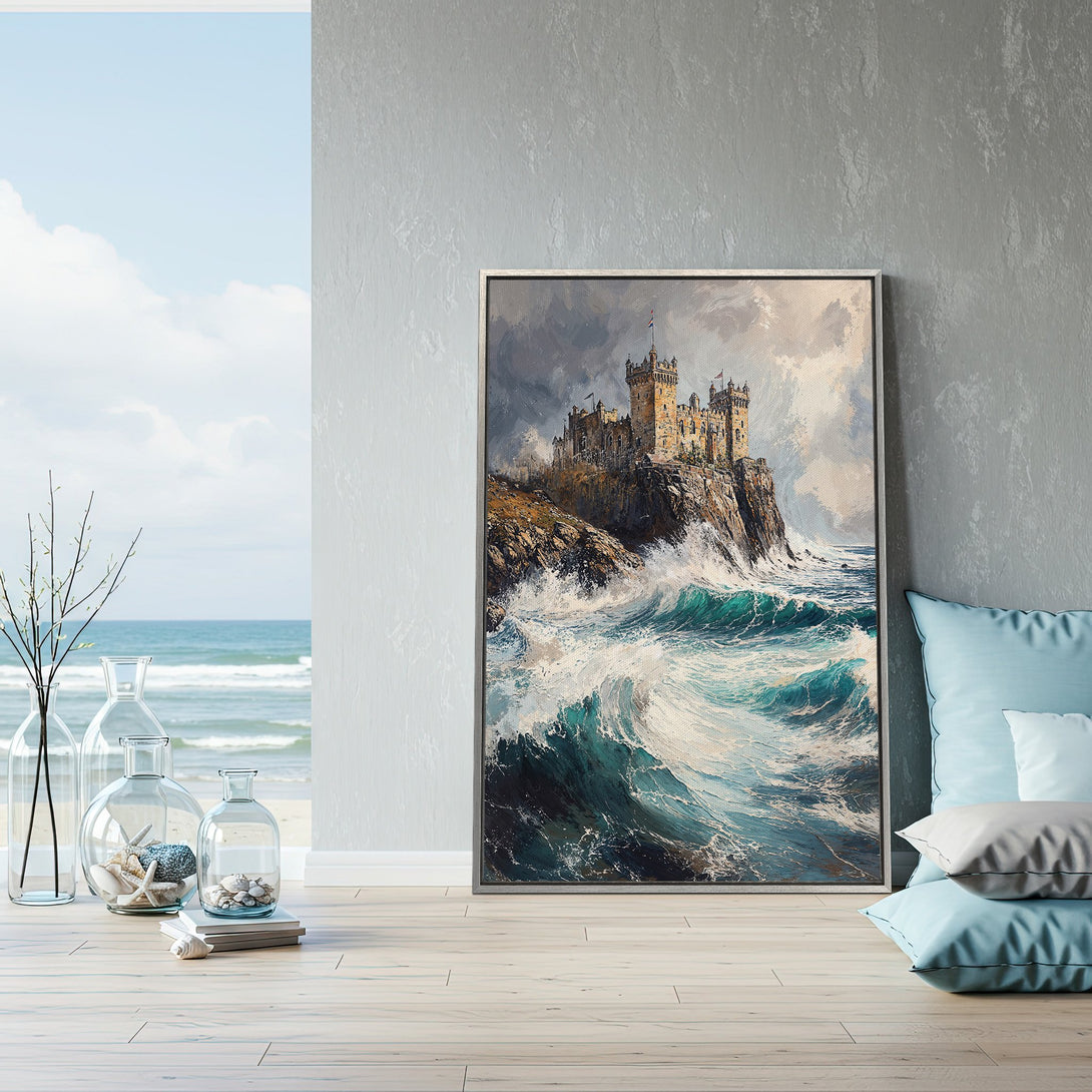 Framed Wall Art: Dramatic castle painting on canvas, showcasing a stormy sea with teal and gray hues. Perfect coastal decor for your home.