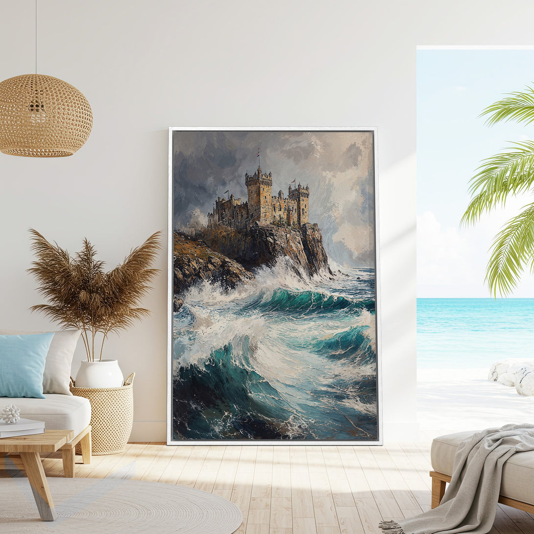 Framed Wall Art of a castle on a cliff with crashing waves. Coastal, impressionistic style with a blue, grey, and tan color palette. Perfect for any home.
