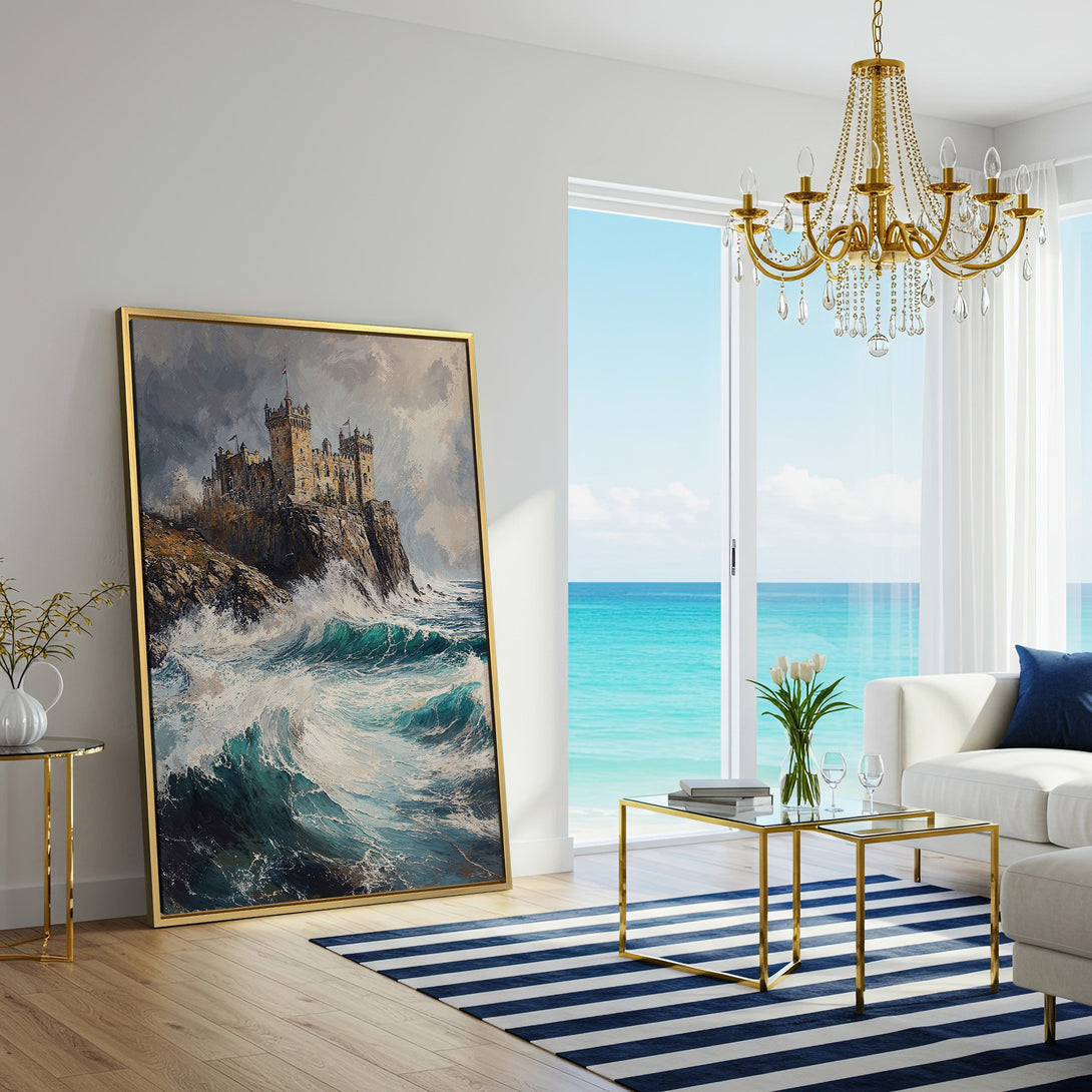 Canvas Print featuring a dramatic castle painting in coastal blues and grays, perfect for adding a touch of elegance to your living room.
