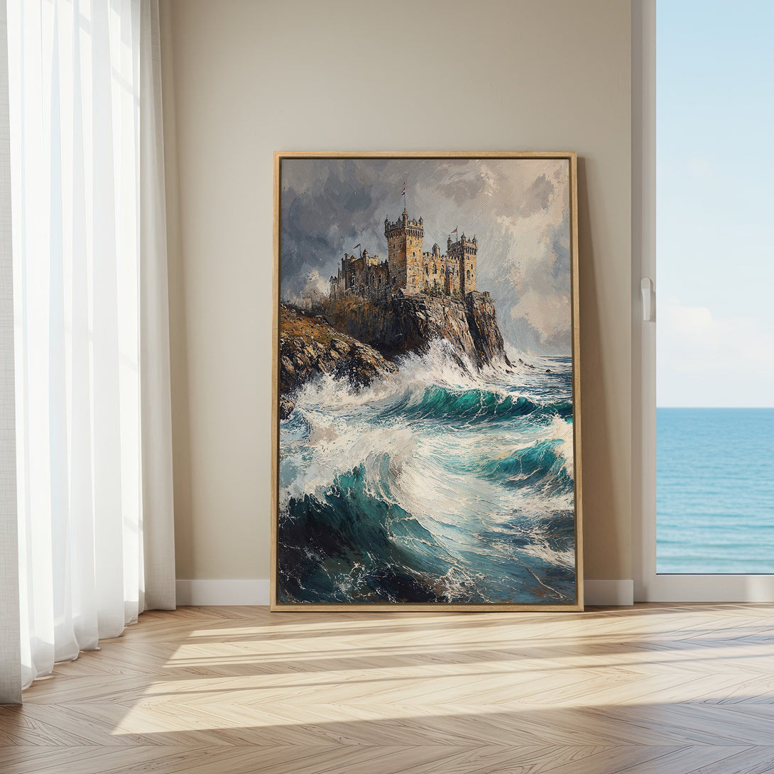 Framed Wall Art: Dramatic castle painting on canvas. Coastal scene with a stormy sea and teal/grey color palette. Enhance your home decor with this stunning artwork.