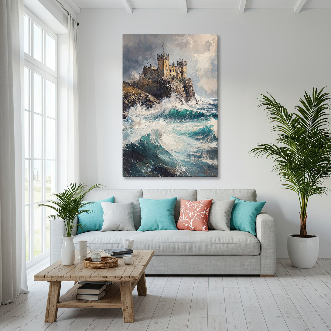 Framed Wall Art: Coastal castle painting in blue, teal, and gold tones. Adds elegance to any space. Shop our Canvas Print collection today!