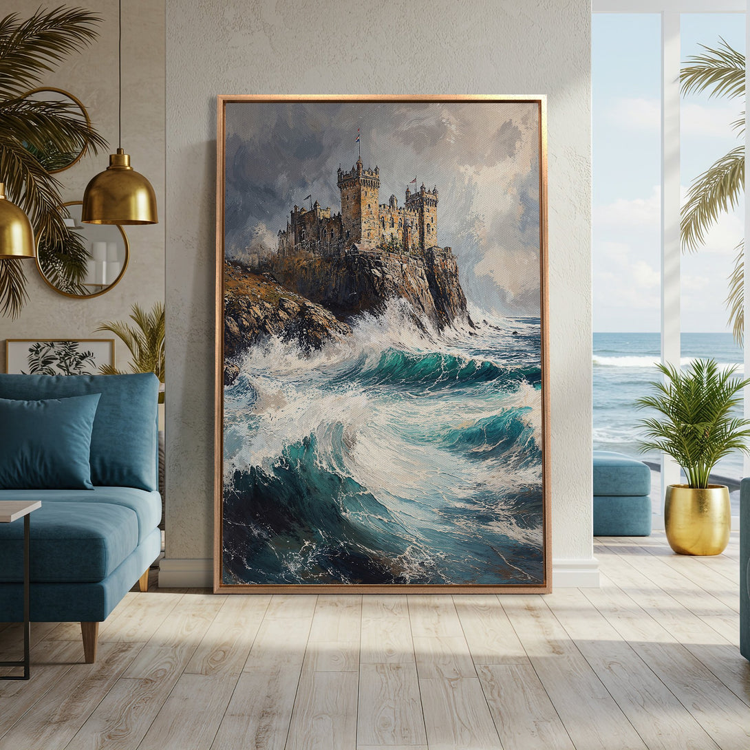 Framed Wall Art: Dramatic castle painting on canvas, showcasing a stormy seascape with teal waves and a neutral color palette. Enhance your space with this stunning art piece!