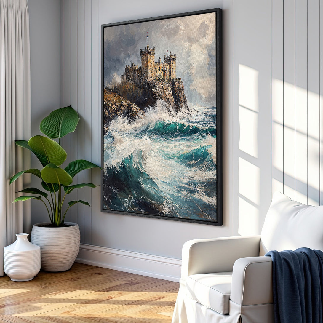 Framed Wall Art: Dramatic castle painting on canvas with teal ocean waves, neutral tones, and a touch of gold. Perfect for adding coastal elegance to your space.