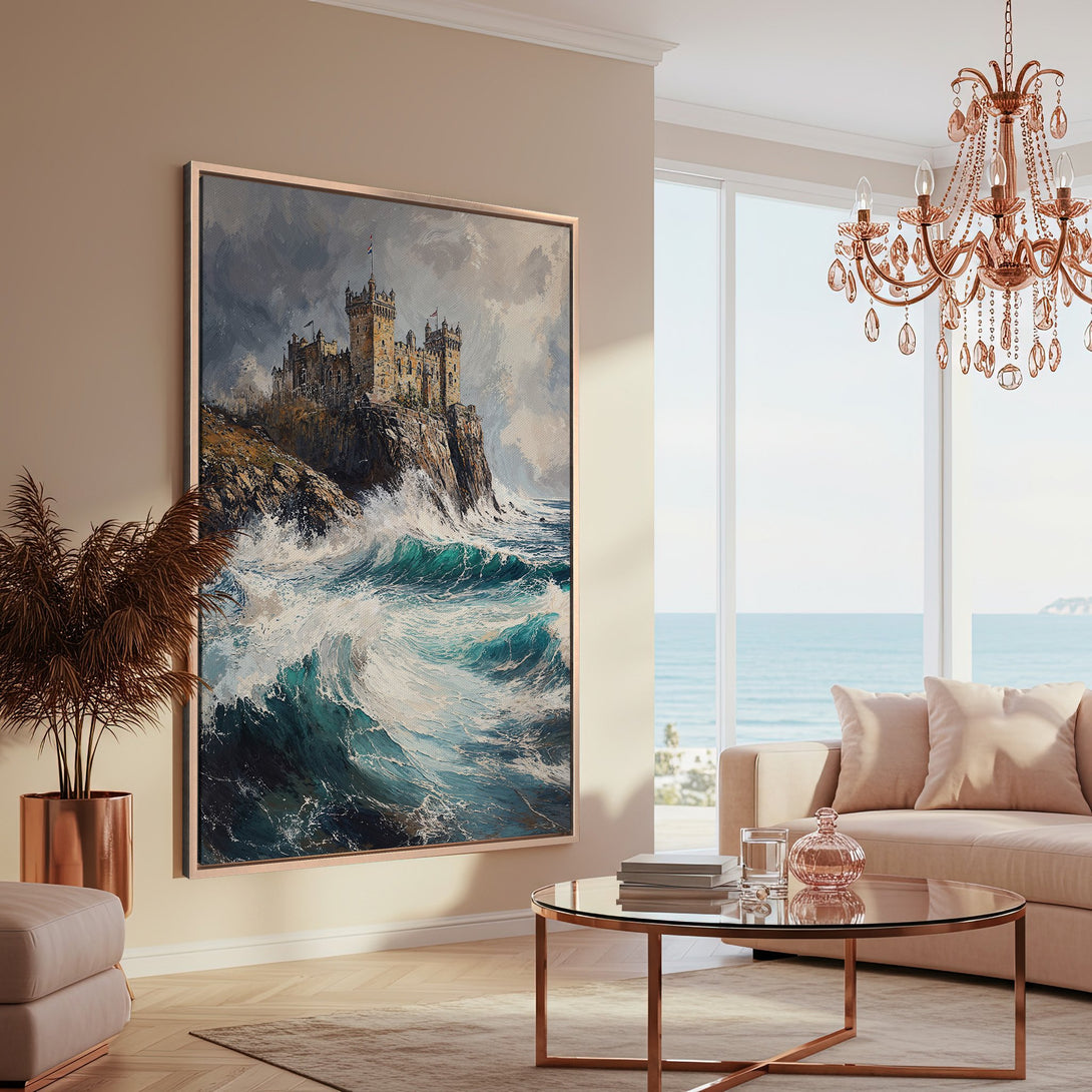 Framed Wall Art featuring a dramatic seascape with a castle. Coastal-inspired art in teal, gray, and gold tones, perfect for adding elegance to any space.