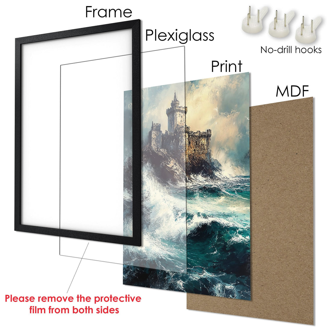 Framed Poster of a castle on a stormy sea, with a dramatic style and blue/gold color palette. Add art to your walls!