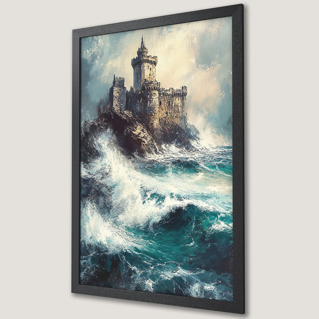 Framed Poster of a castle on a rocky island, painted in a dramatic style with a teal and beige color palette. Add a touch of fantasy to your space!