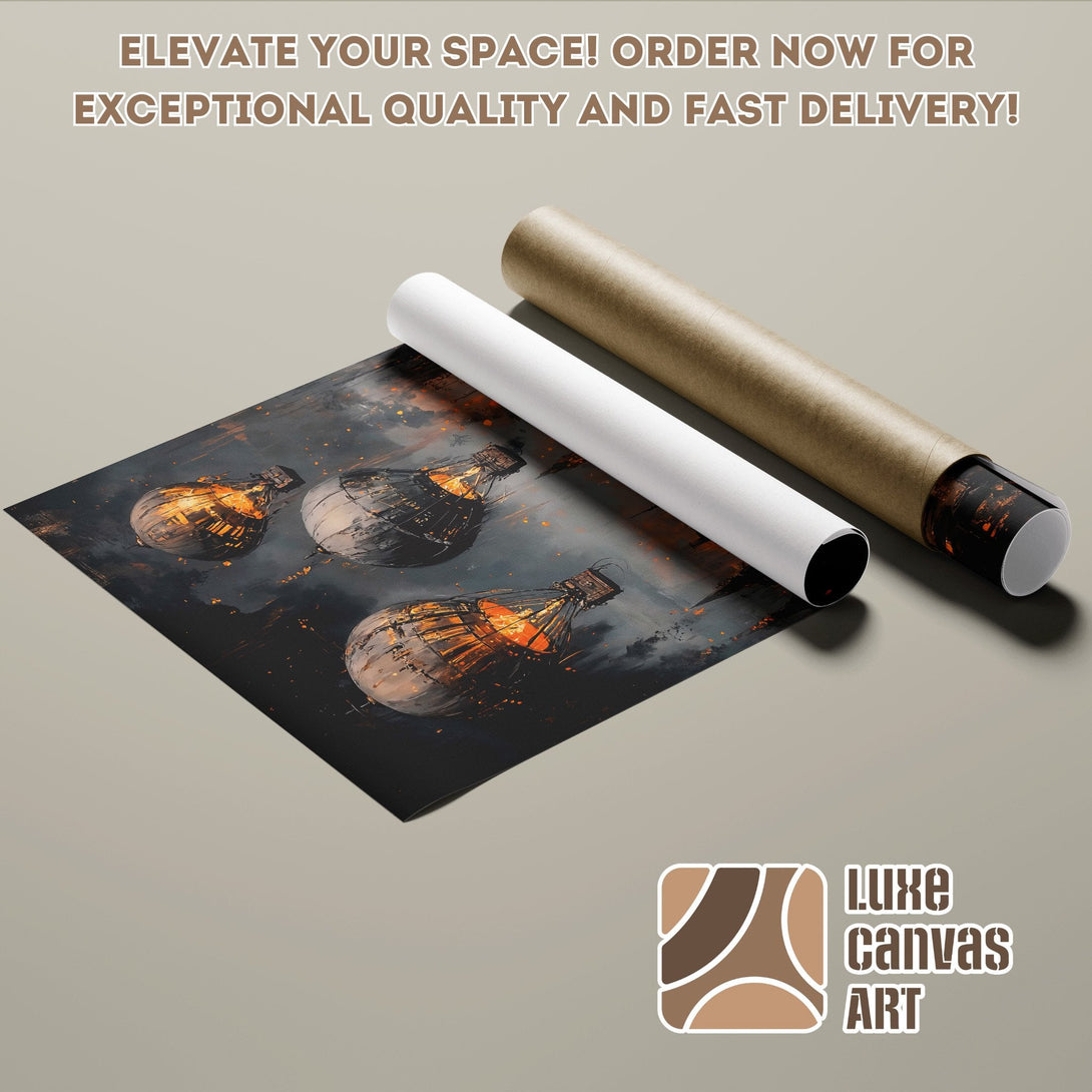 Poster Roll featuring a fantasy art print with hot air balloons, dark color palette. Order now!