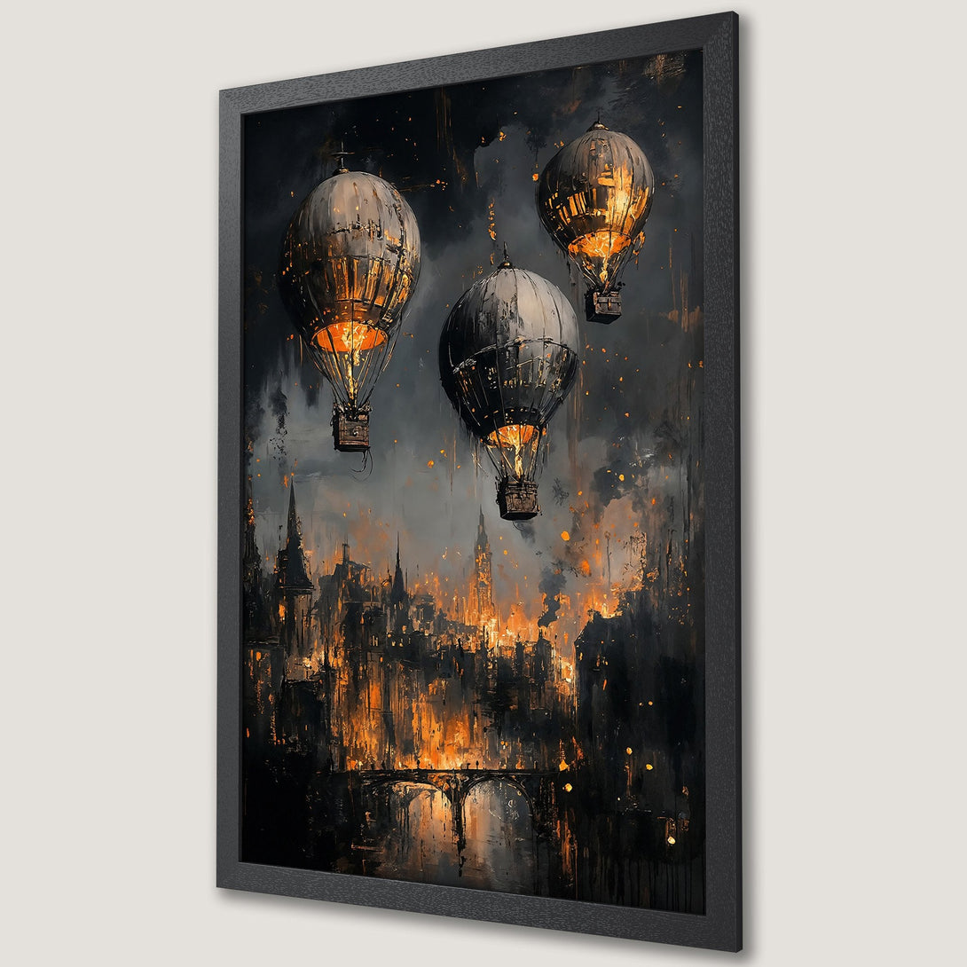 Framed Poster featuring steampunk hot air balloons over a city, with a dark, moody color palette of black, orange, and gold.