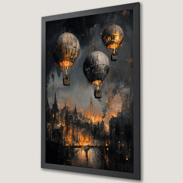Framed Poster featuring steampunk hot air balloons over a city, with a dark, moody color palette of black, orange, and gold.