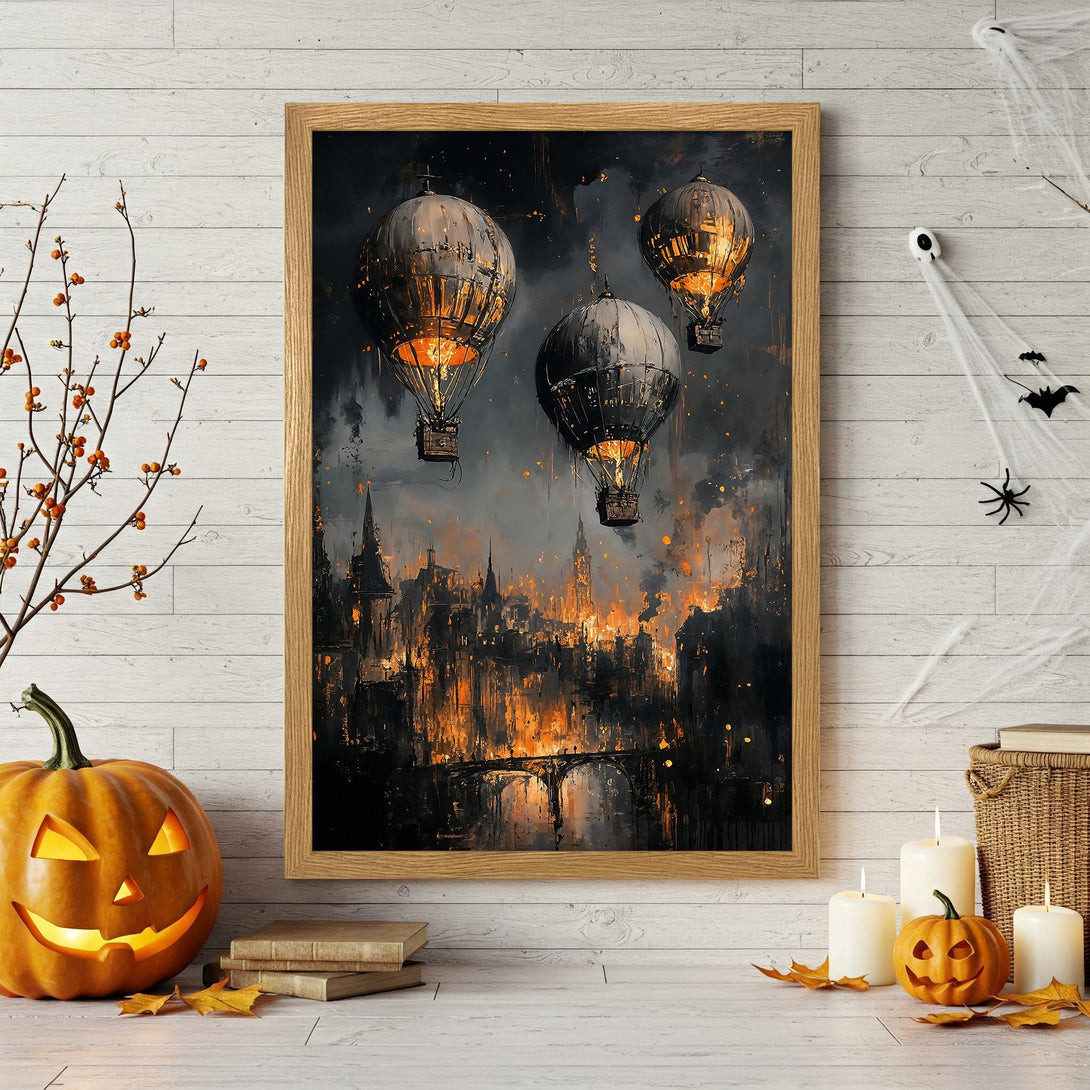 Framed Poster featuring hot air balloons over a city in a dark, dramatic style with an orange and black color palette. Perfect Halloween decor!