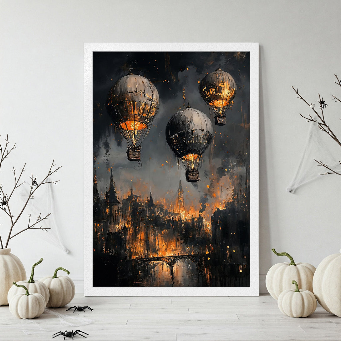 Framed Poster featuring a gothic city with hot air balloons, in a dark, moody style with orange and black tones. Perfect wall art!