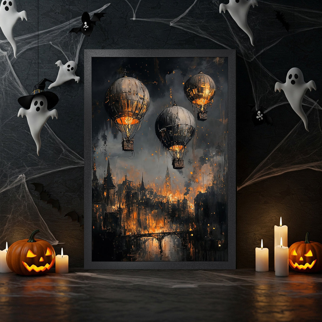 Framed Poster featuring a spooky cityscape with hot air balloons, in a dark, orange and black color palette. Perfect Halloween decor!