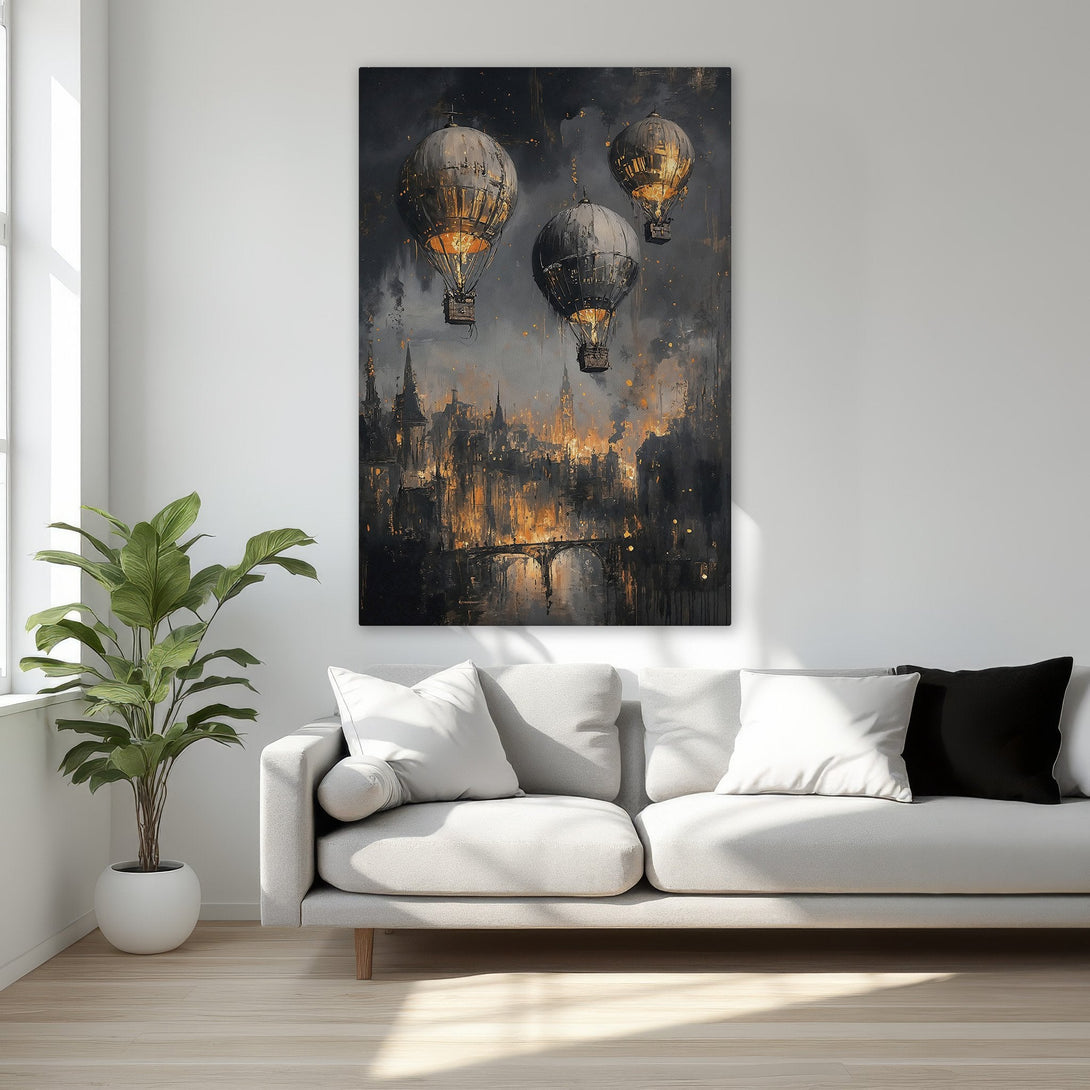 Framed Wall Art: Dramatic canvas print of hot air balloons over a city, in a dark, moody style with gold and black color palette. Perfect for bedroom decor.