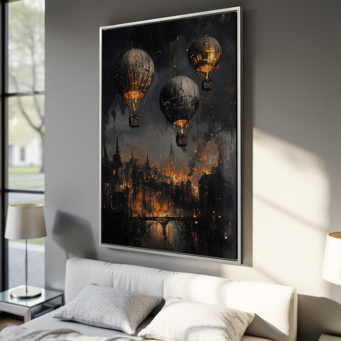 Framed Wall Art: Dramatic cityscape with hot air balloons. Dark, moody painting with a warm, fiery orange and black color palette. Perfect for adding a touch of mystery.