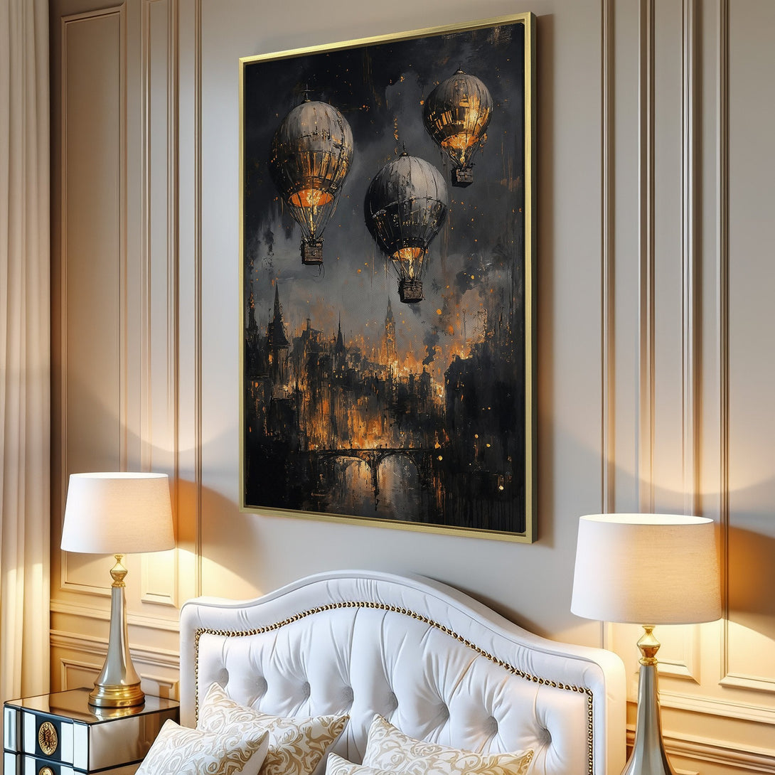 Canvas Print of hot air balloons over a city in a moody, painterly style with a dark, gold and grey color palette.