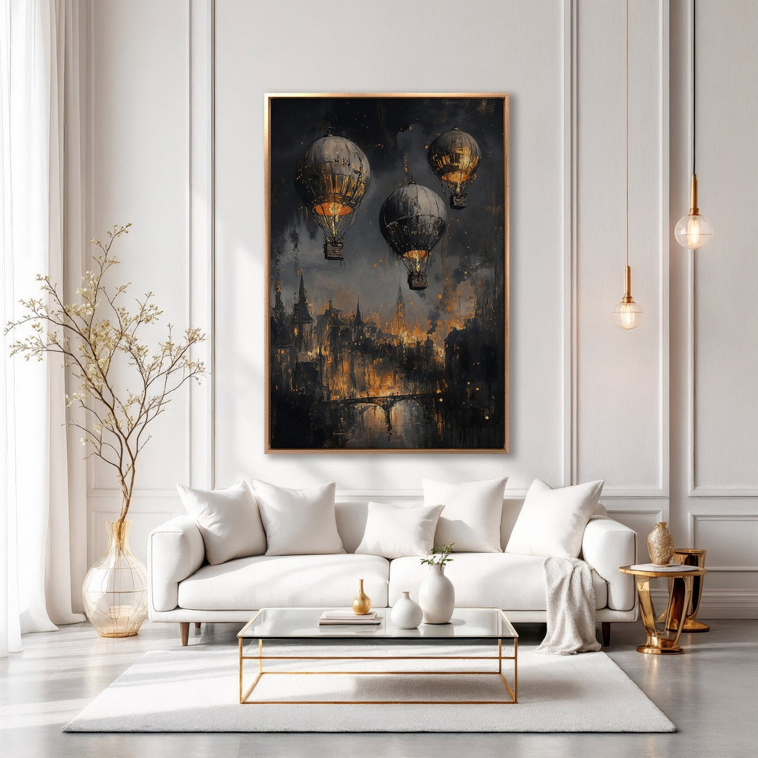 Framed Wall Art featuring hot air balloons over a city, in a dramatic, dark, and gold color palette. Perfect for adding a touch of elegance.