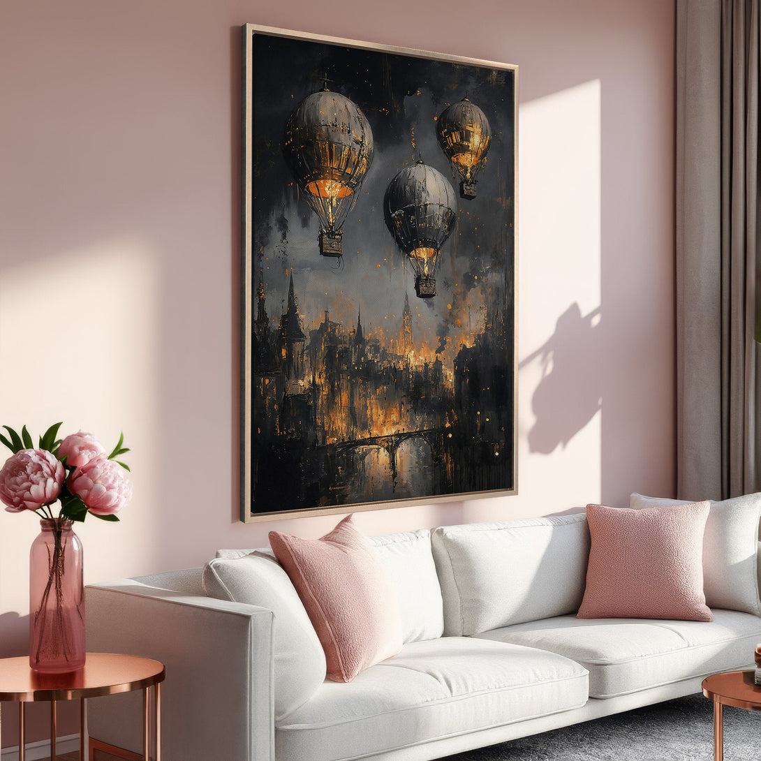 Framed Wall Art: Steampunk hot air balloons over a city, dark & moody painting with gold accents. Perfect for adding a touch of elegance.