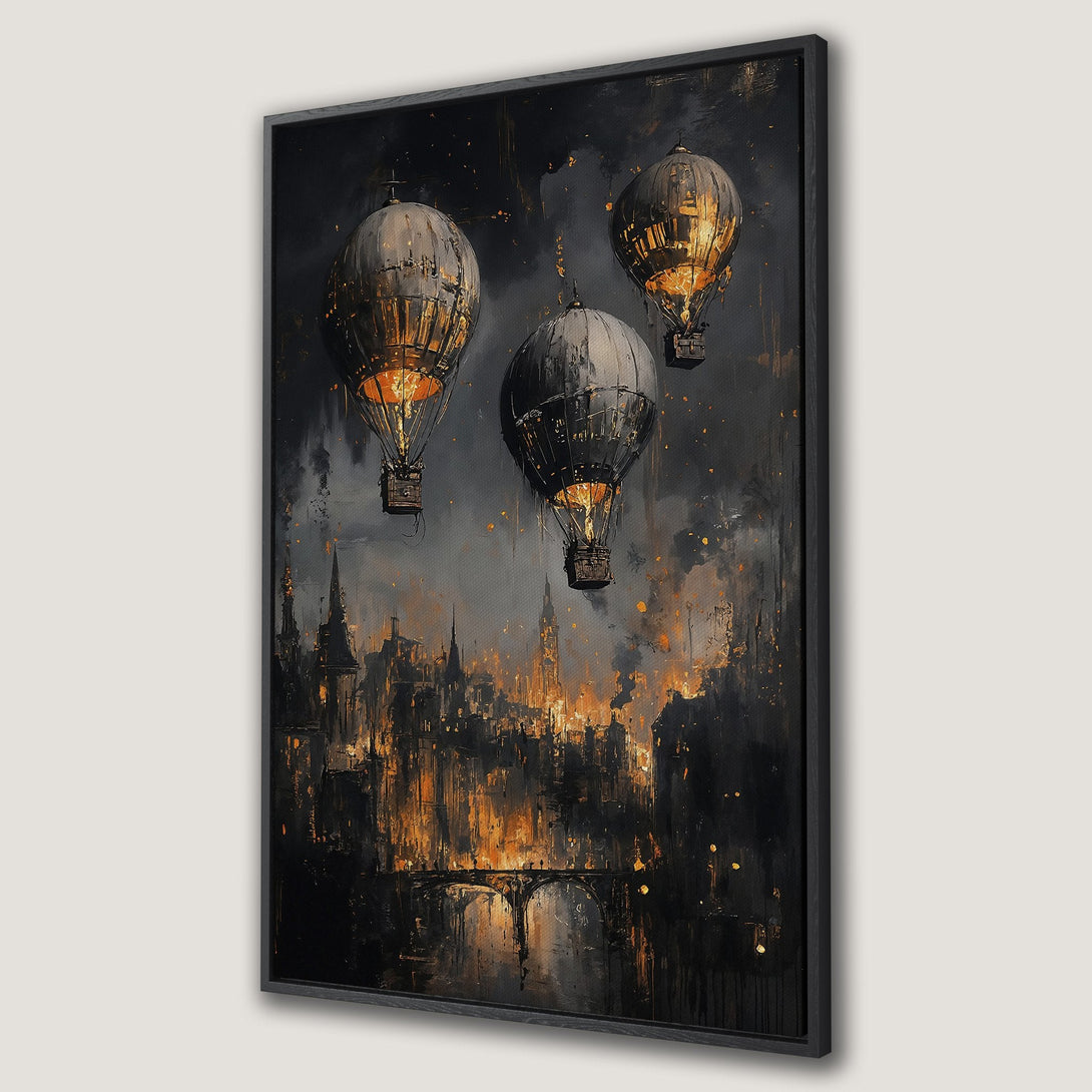 Framed Wall Art featuring a steampunk cityscape with hot air balloons, in a dark, dramatic style with a warm, golden color palette.