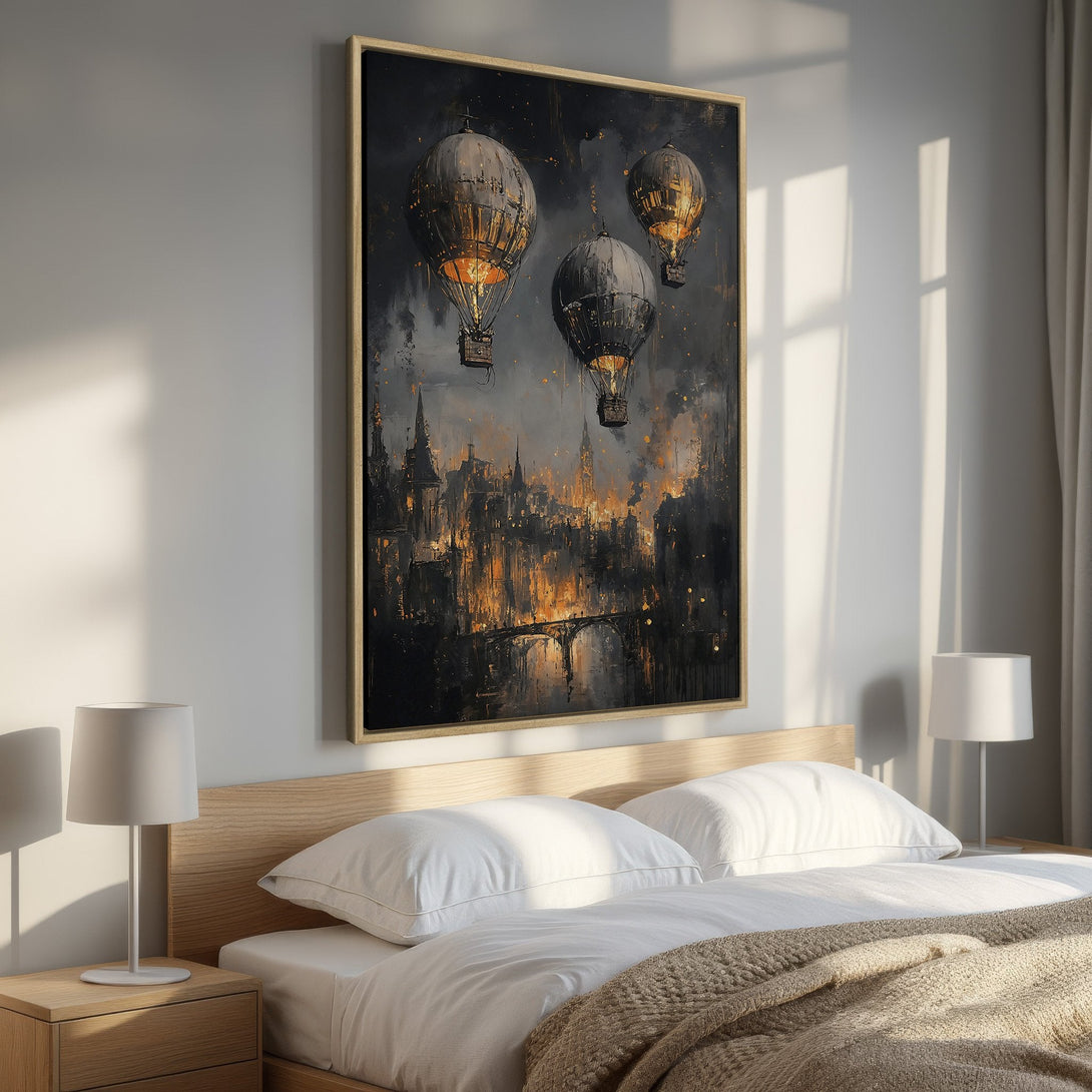 Framed Wall Art: Dramatic painting of hot air balloons over a city, in a dark, moody style with warm gold and black tones. Perfect bedroom decor!