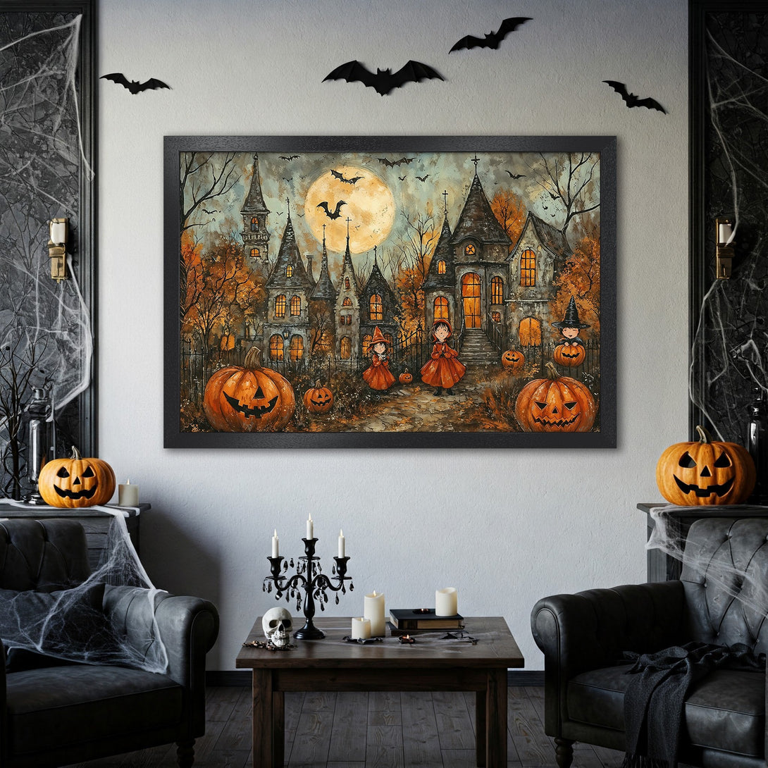 Framed Poster featuring a spooky Halloween scene with pumpkins, witches, and a full moon. Warm orange and black color palette. Perfect for fall decor!