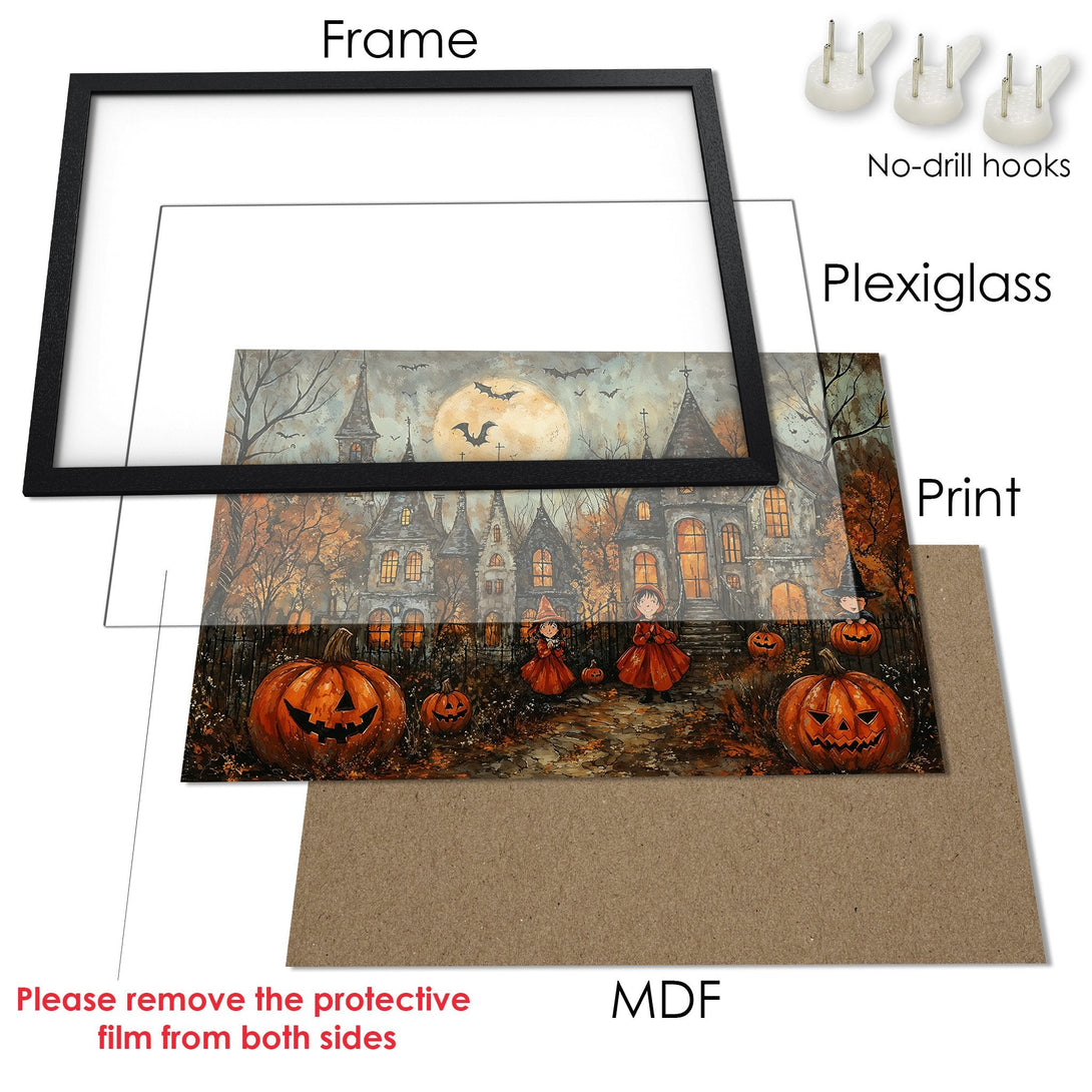 Framed Poster featuring a spooky Halloween scene with pumpkins, a haunted house, and a warm color palette. Perfect for seasonal decor!