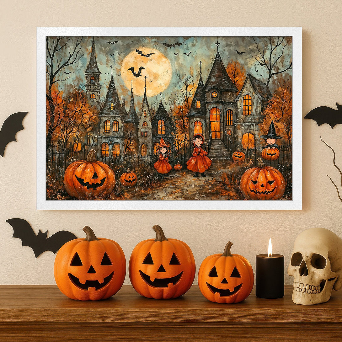 Framed Poster featuring a spooky Halloween scene with pumpkins, witches, and a full moon. Warm orange and dark tones.