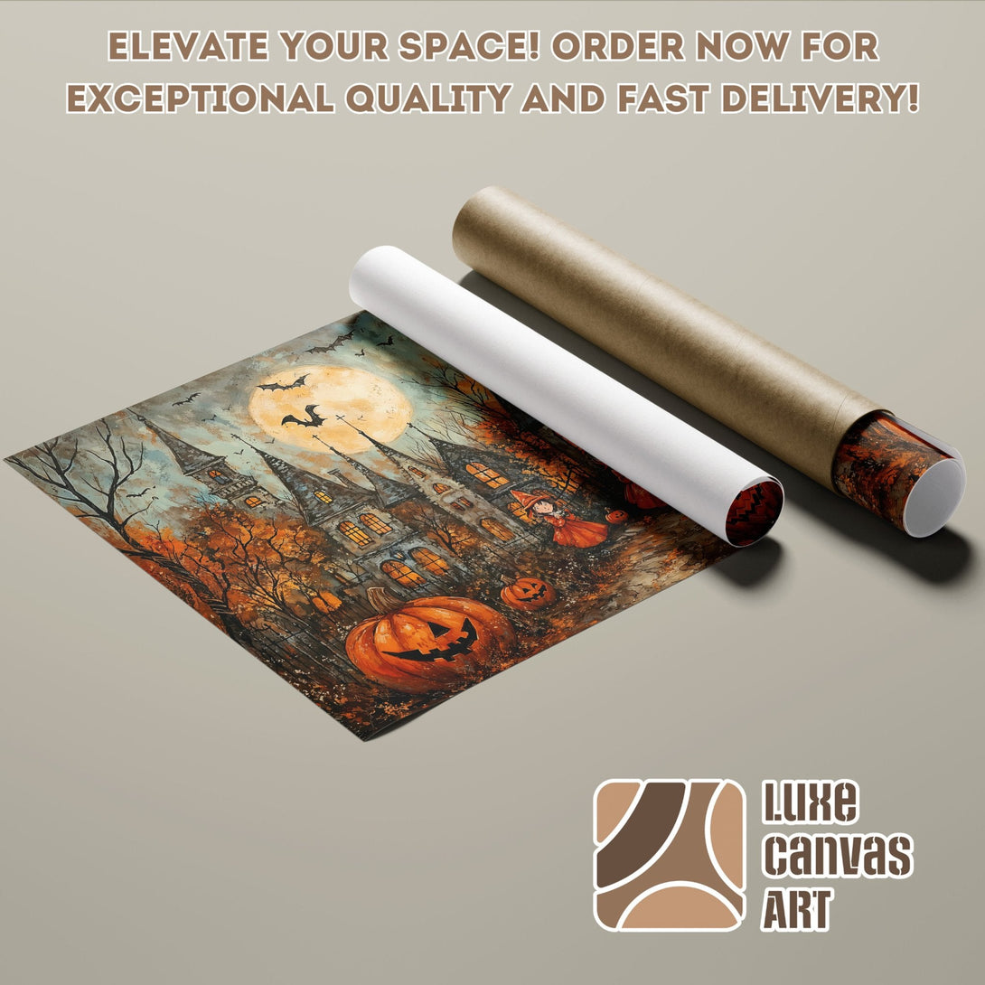 Halloween Poster Roll with spooky castle art in orange & blue color palette. Order now!
