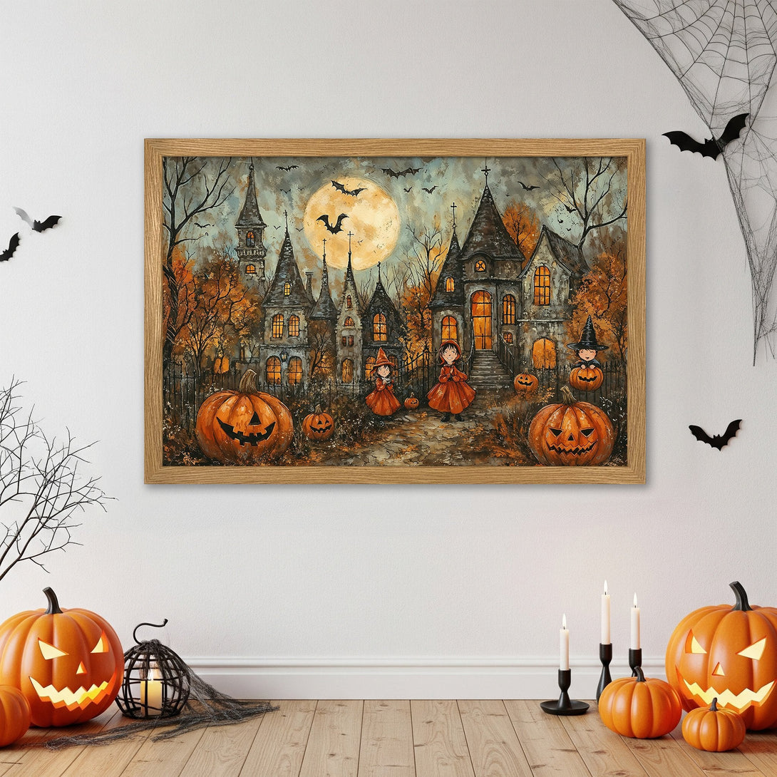 Framed Poster featuring a whimsical Halloween scene with pumpkins, witches, and a spooky house in warm orange and gray tones.