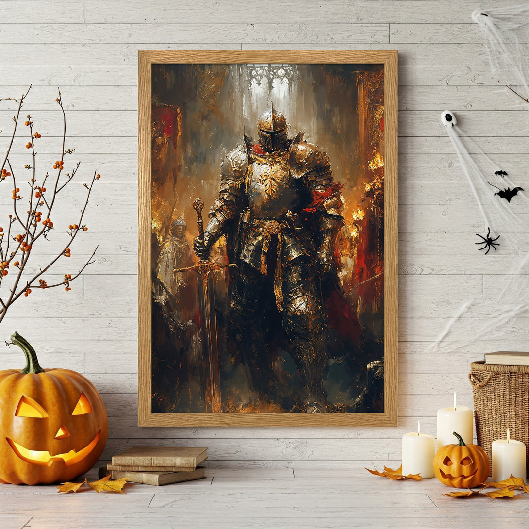 Framed Poster featuring a knight with a sword, in a dark, painterly style, with a warm, autumnal color palette.