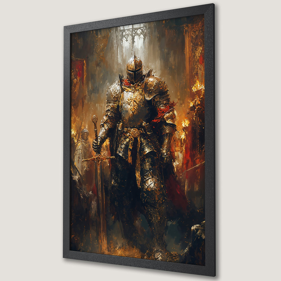 Framed Poster of a knight in shining armor, dramatic painting style with warm, earthy tones. Perfect wall art for your home!